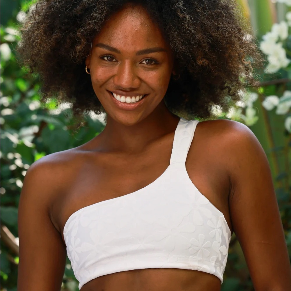 Kenny Flowers WHITE FLORAL JACQUARD ONE SHOULDER BIKINI TOP
